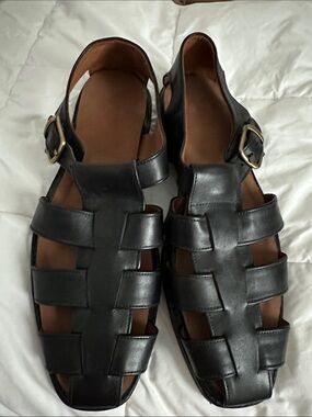 Men's Black Leather Fisherman Sandals with Buckle Strap
